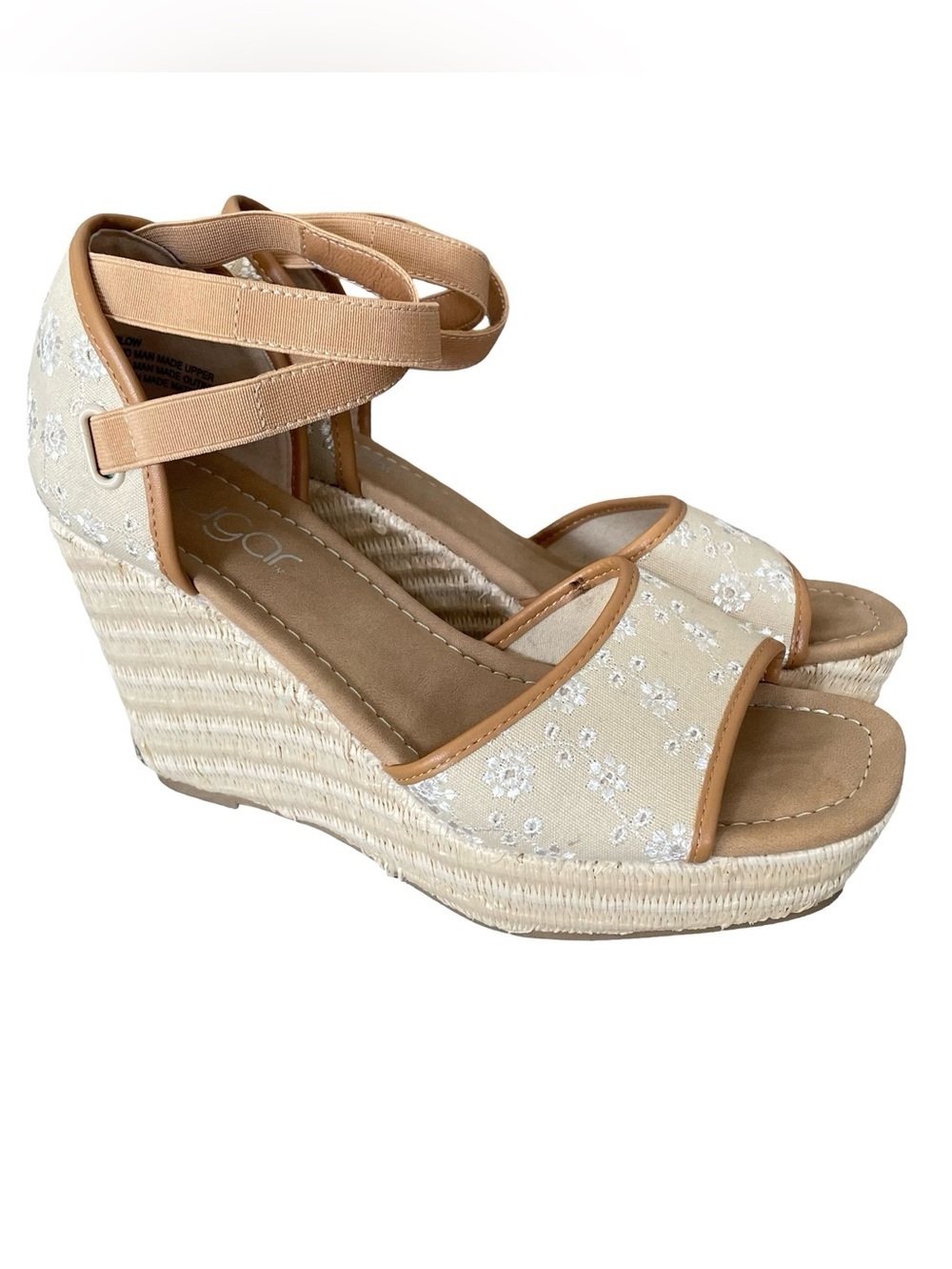 Sugar Harlow Cream Floral Embroidered Wedge Sandals with Tan Trim